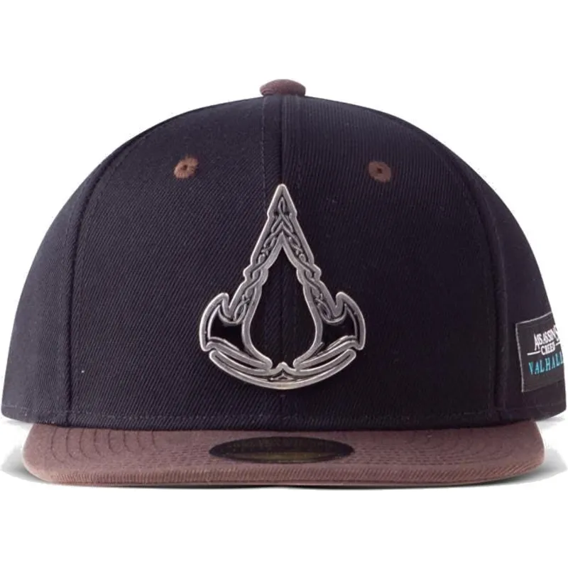difuzed-flat-brim-valhalla-metal-badge-assassins-creed-black-and-brown-snapback-cap