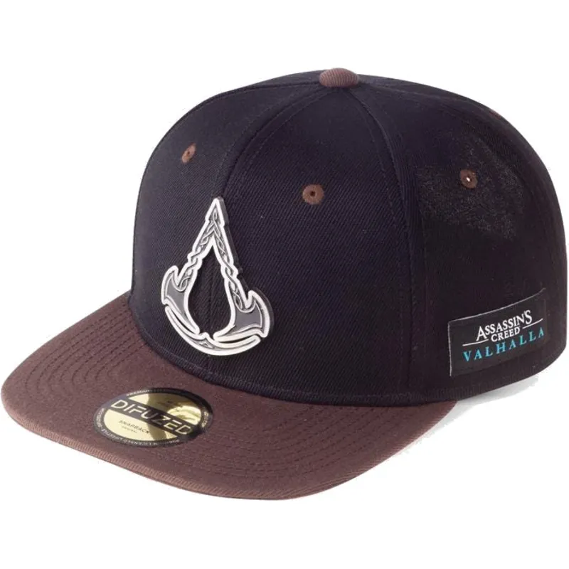 difuzed-flat-brim-valhalla-metal-badge-assassins-creed-black-and-brown-snapback-cap