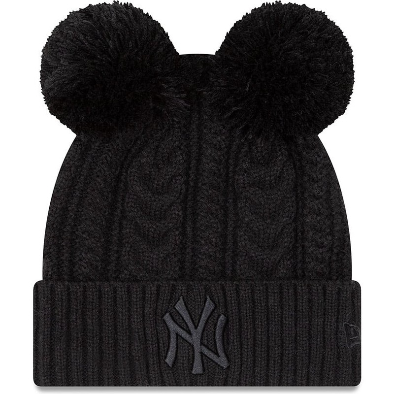 new-era-women-black-logo-cuff-double-new-york-yankees-mlb-black-beanie-with-pompom