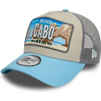 New Era 9FORTY A Frame License Plate Cities and Beaches Cabo Beige and Blue Trucker Hat