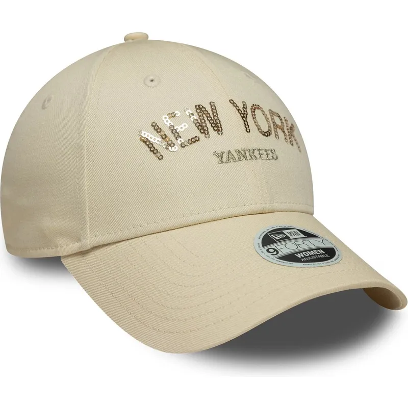new-era-curved-brim-women-9forty-sequin-wordmark-new-york-yankees-mlb-beige-adjustable-cap