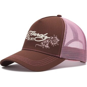 Kapa zaobljena smeđa snapback rosa Skull And Roses Ed Hardy