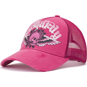Kapa zaobljena ružičasta snapback Flaming Gothic Skull Washed Ed Hardy