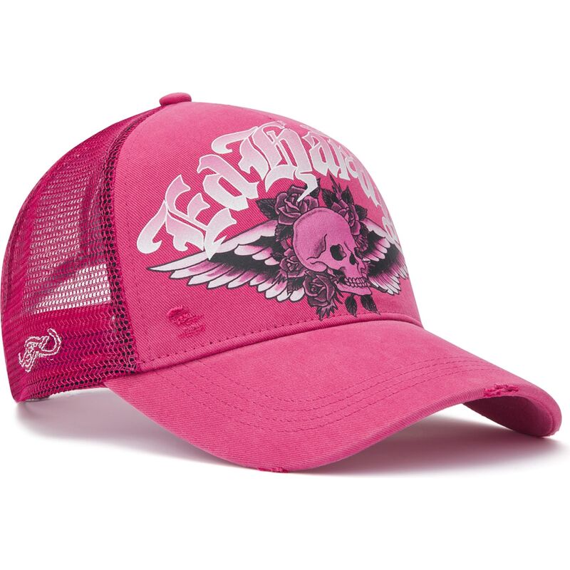 kapa-zaobljena-ruzicasta-snapback-flaming-gothic-skull-washed-ed-hardy