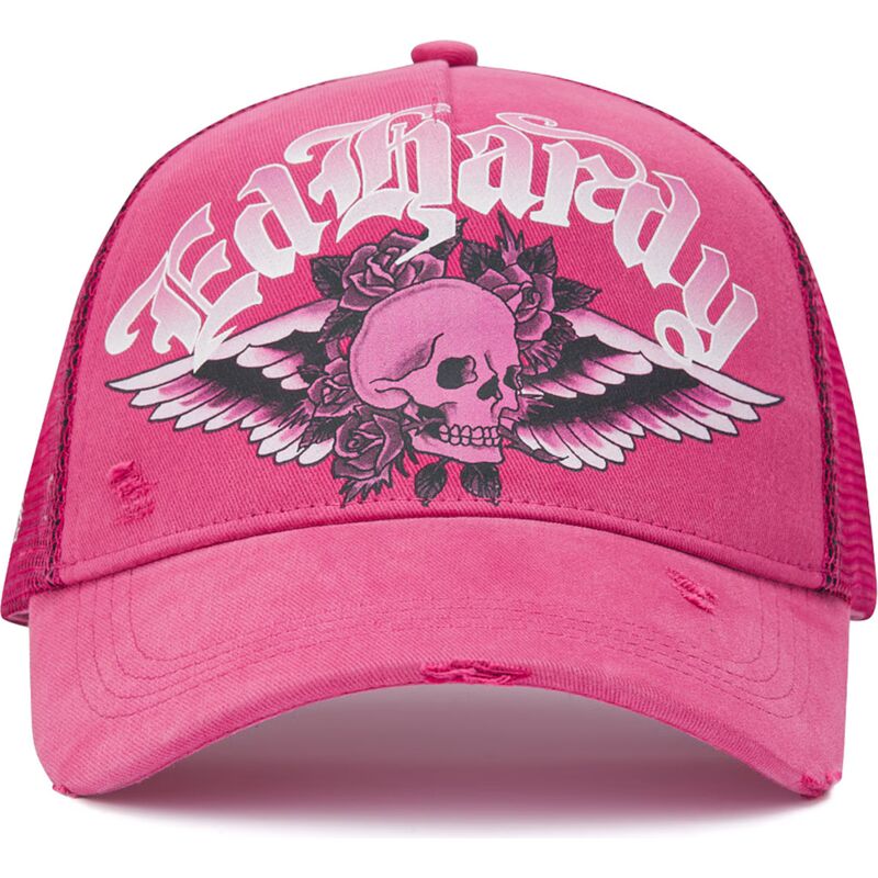 kapa-zaobljena-ruzicasta-snapback-flaming-gothic-skull-washed-ed-hardy